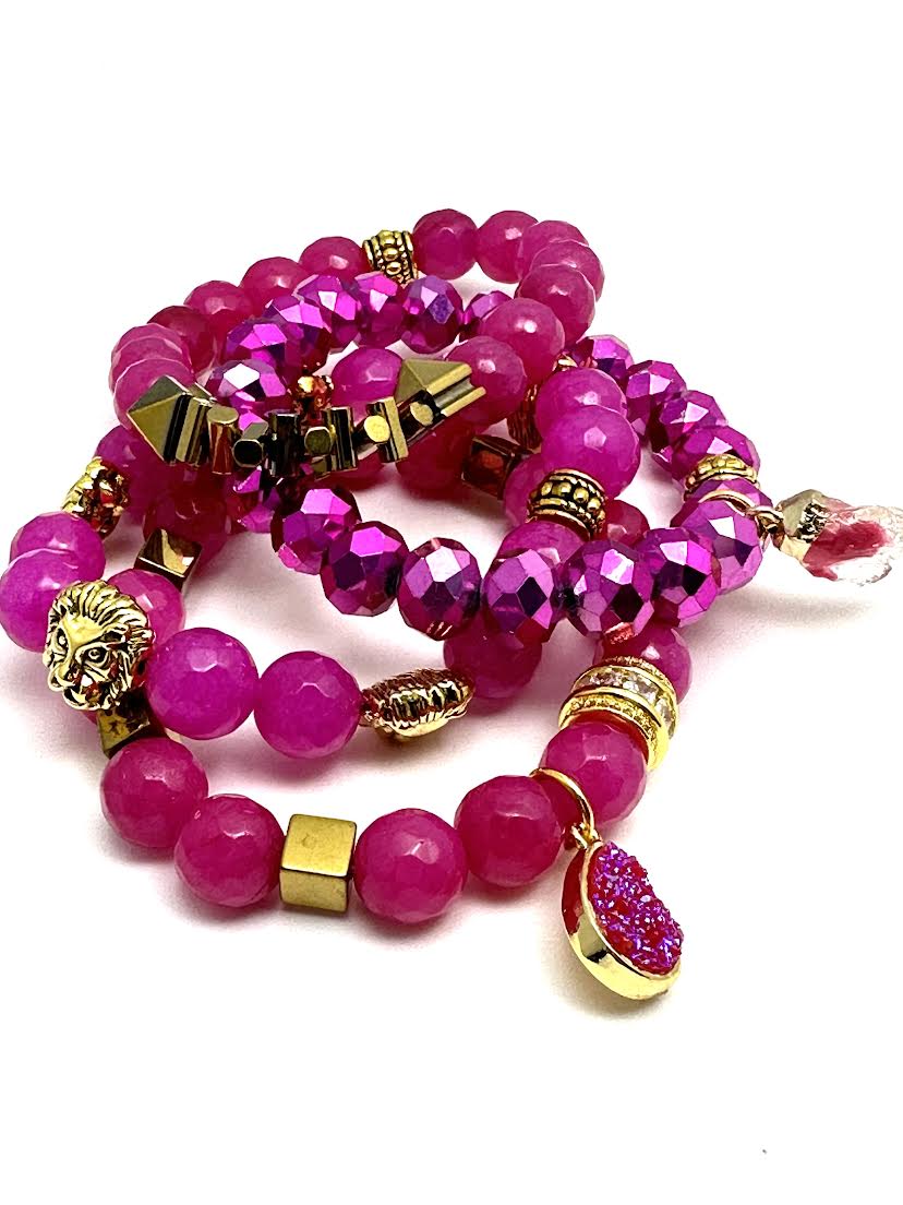 Pink Agate Beaded Bracelet with Lions