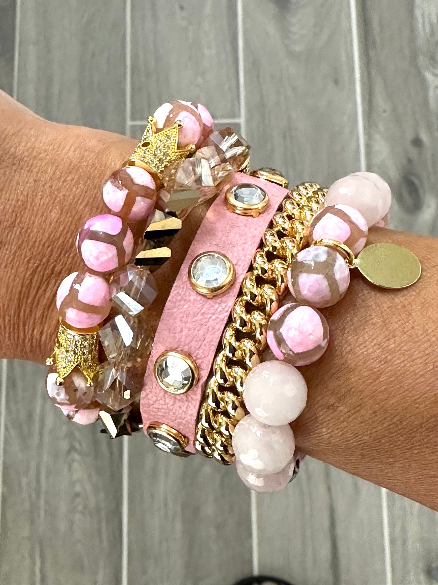 Pink Tibetan Agate Beaded Bracelet Stack