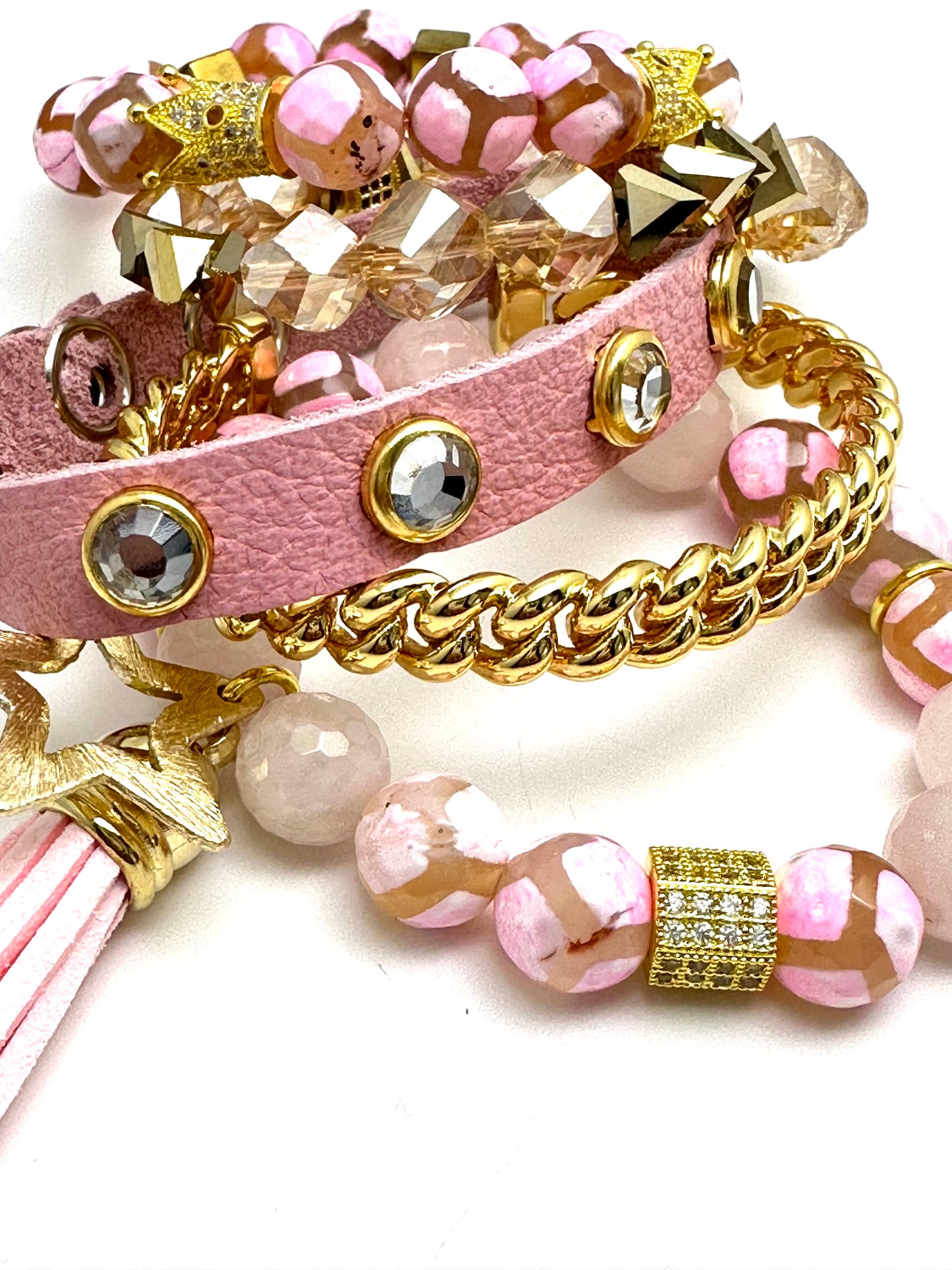 Pink Tibetan Agate Beaded Bracelet Stack