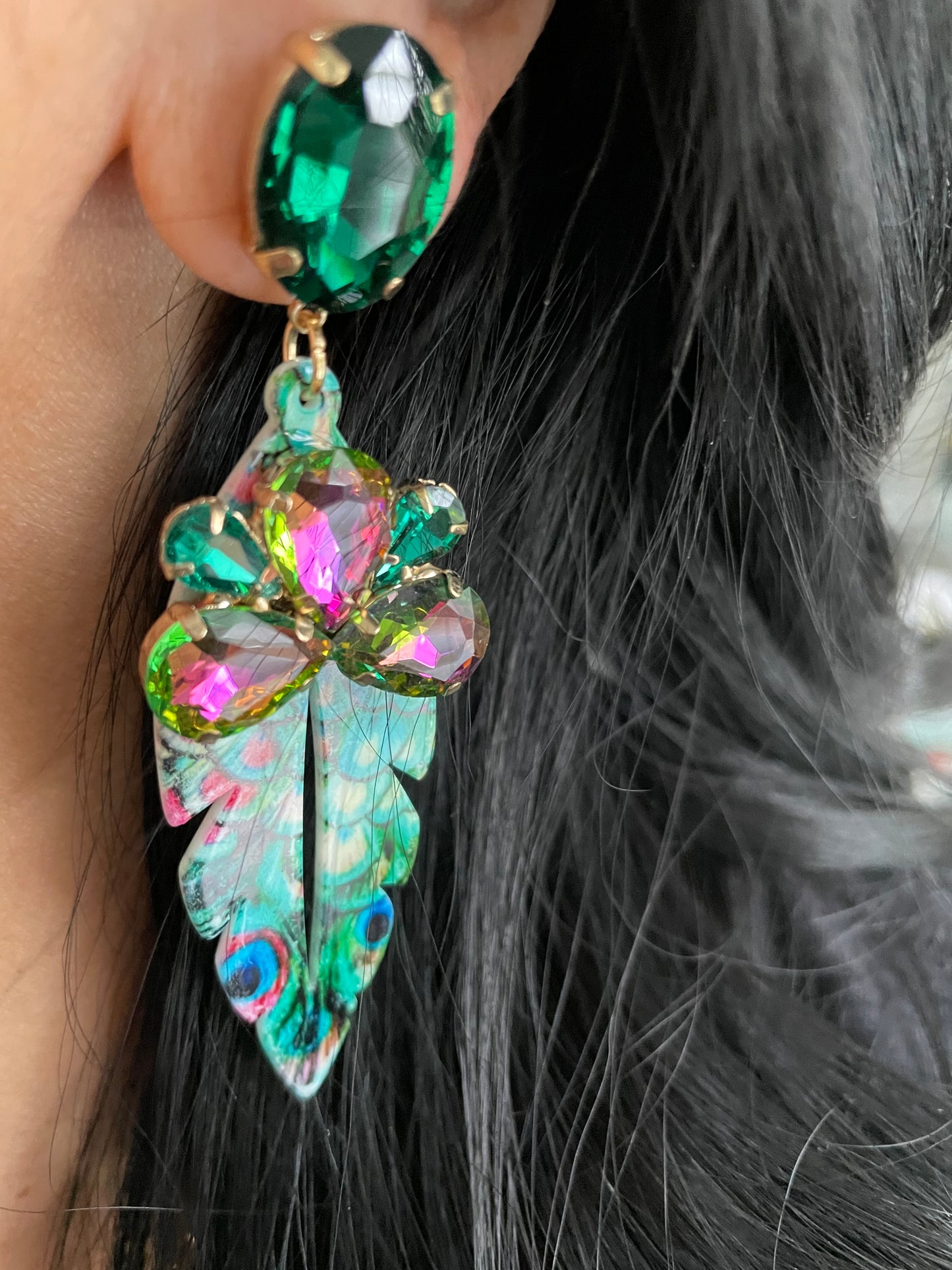Green Peacock Resin Acrylic Earrings