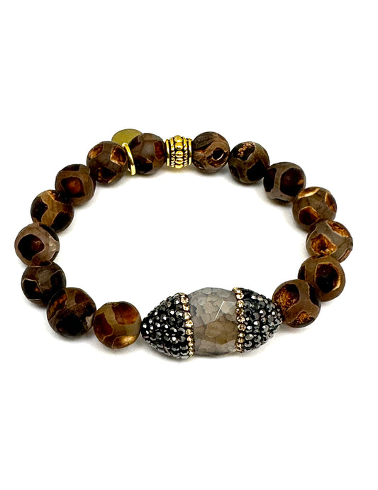 Brown Tibetan Agate Beaded Bracelet with Pave’Rimmed Stone
