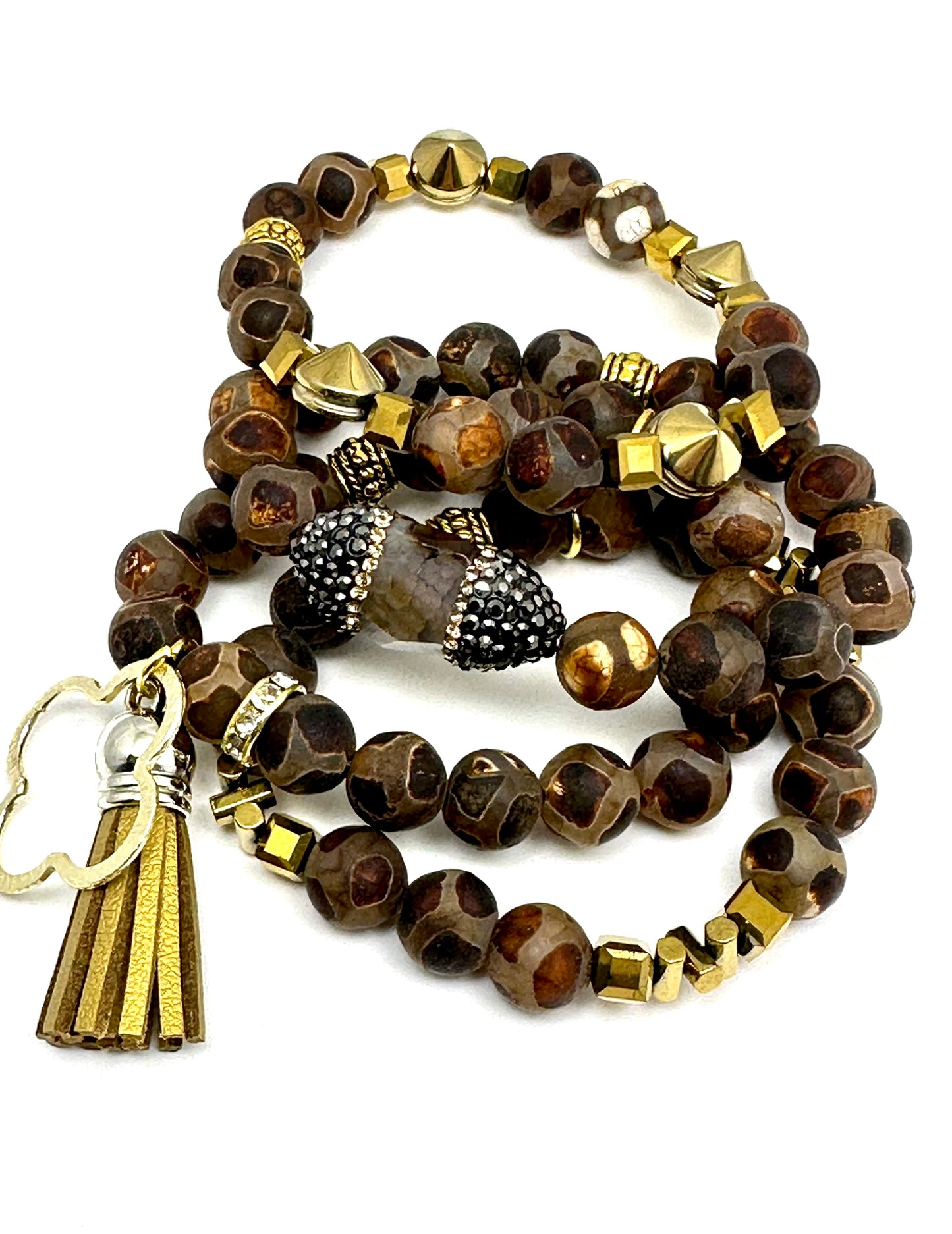 Brown Tibetan Agate Beaded Bracelet with Pave’Rimmed Stone