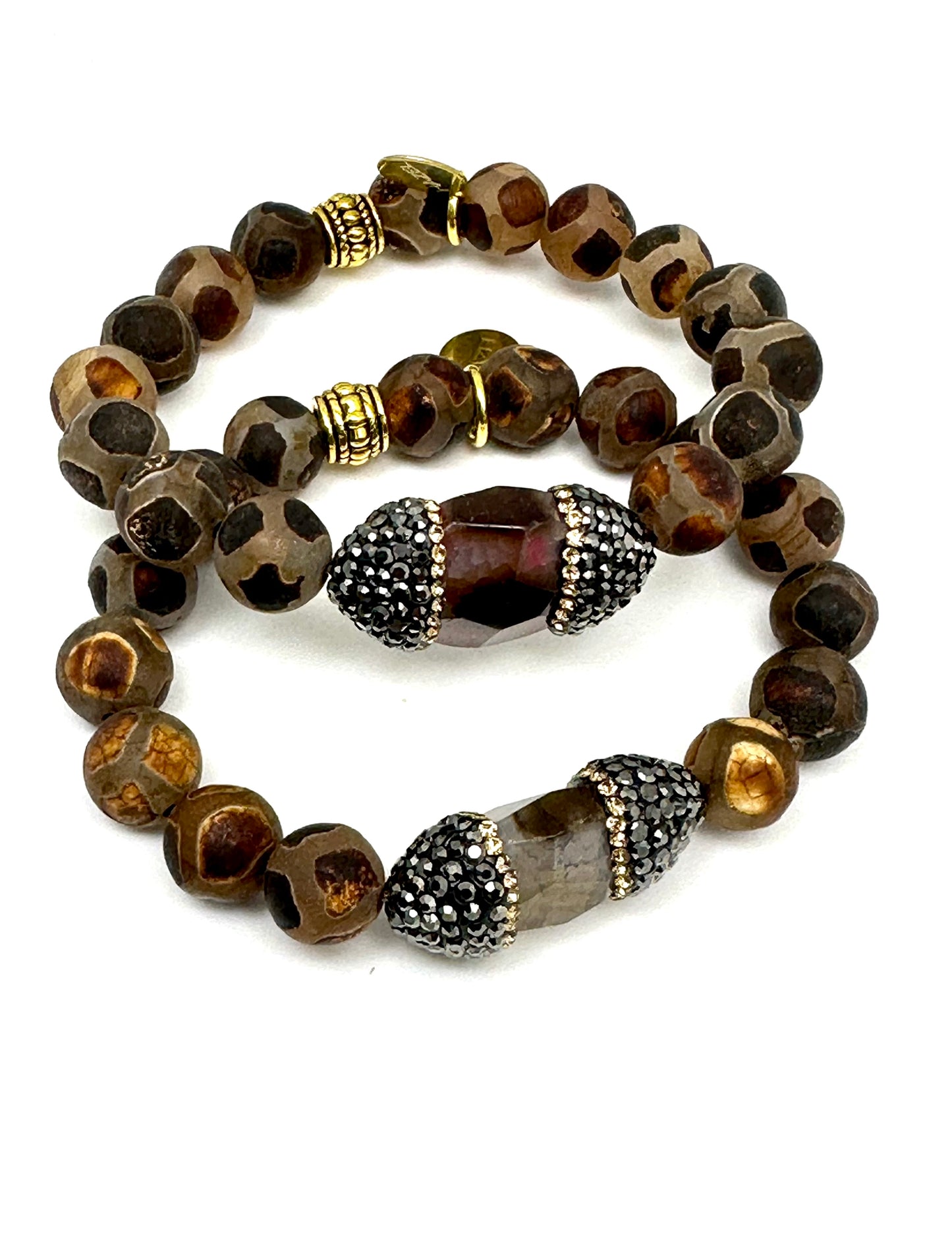 Brown Tibetan Agate Beaded Bracelet with Pave’Rimmed Stone