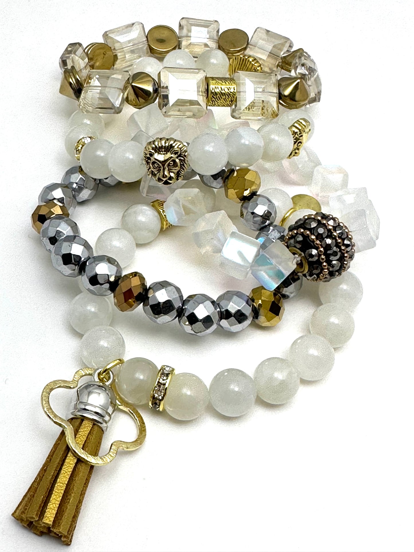 White Agate Beaded Bracelet with Lions