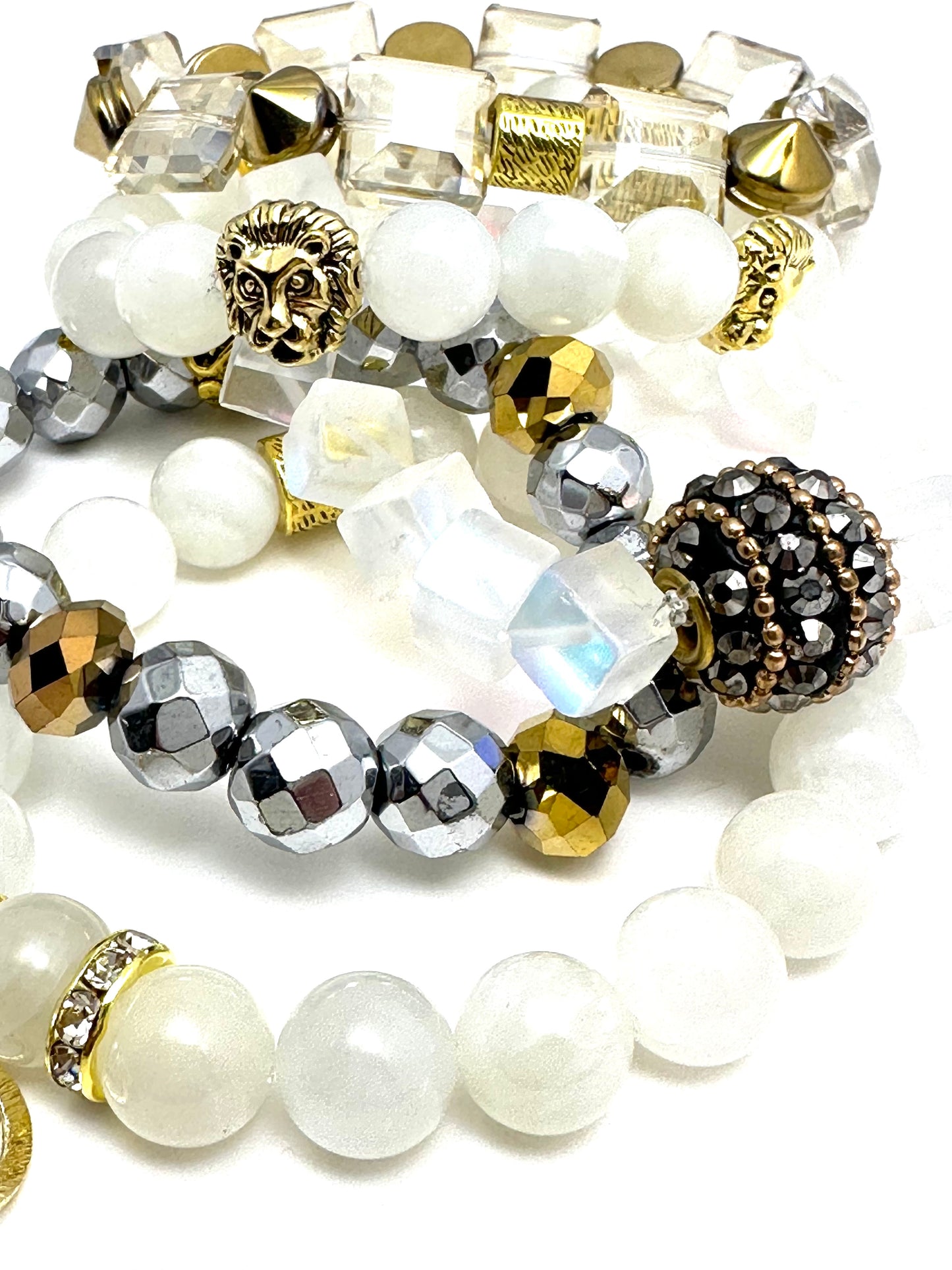 White Agate Beaded Bracelet with Lions