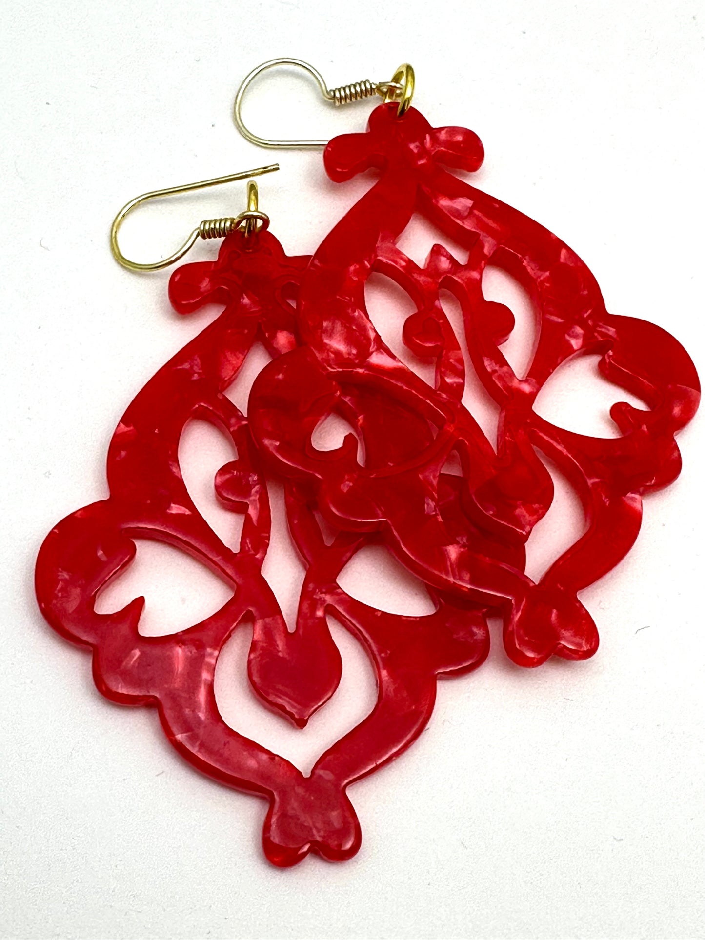 Red Tortoiseshell Drop Resin Acrylic Earrings Harlequin