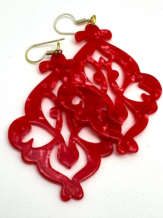 Red Tortoiseshell Drop Resin Acrylic Earrings Harlequin