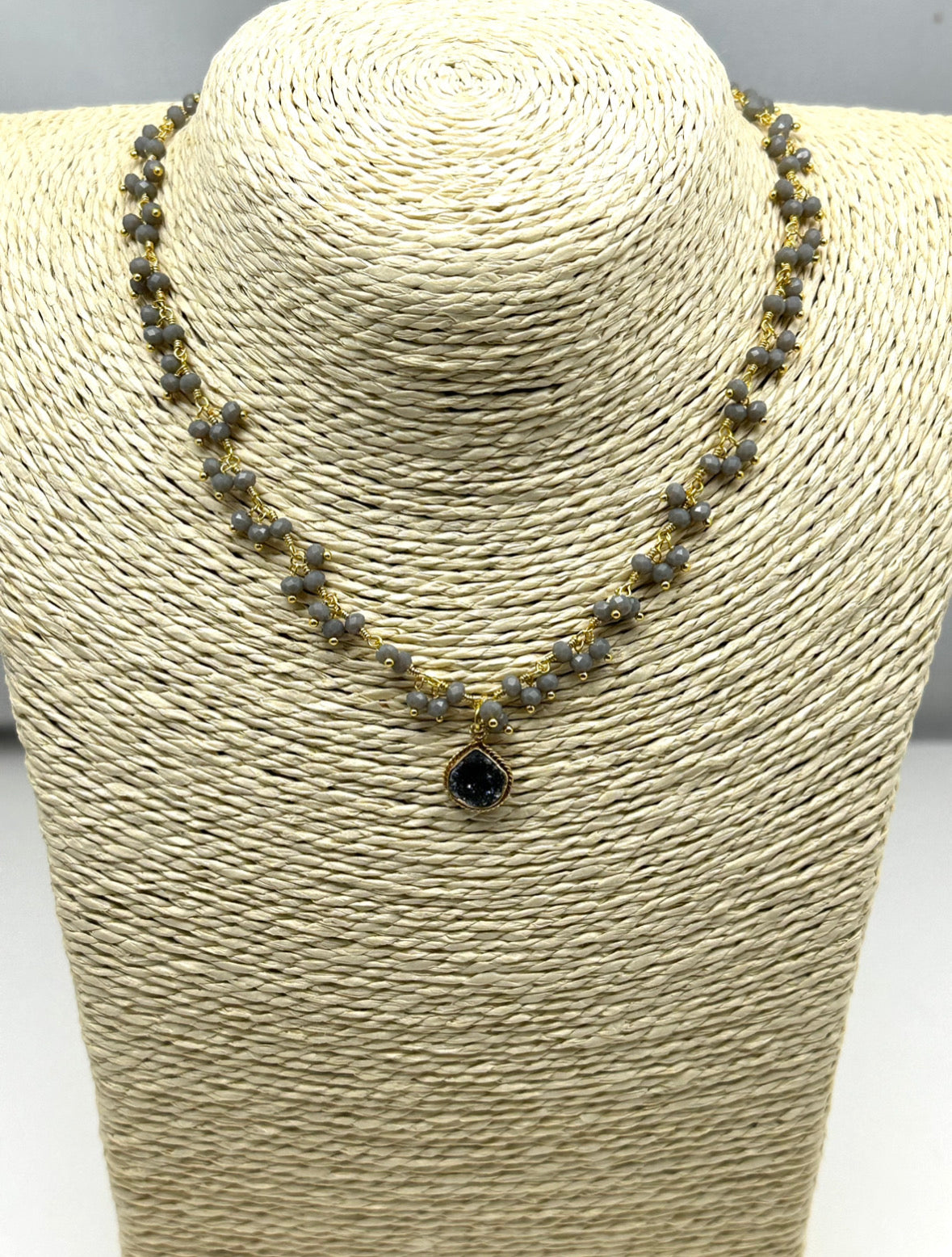 Grey Rosary Bead Chain with Black Geode Gemstone