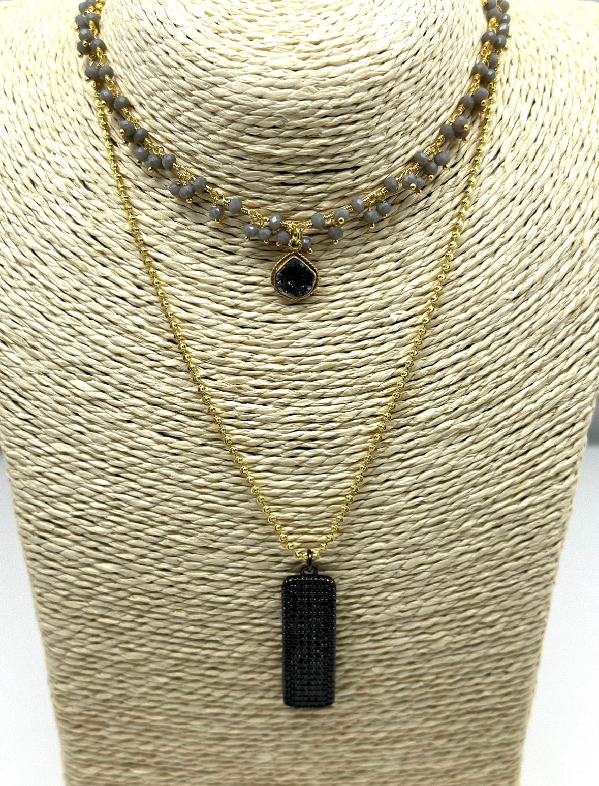 Grey Rosary Bead Chain with Black Geode Gemstone