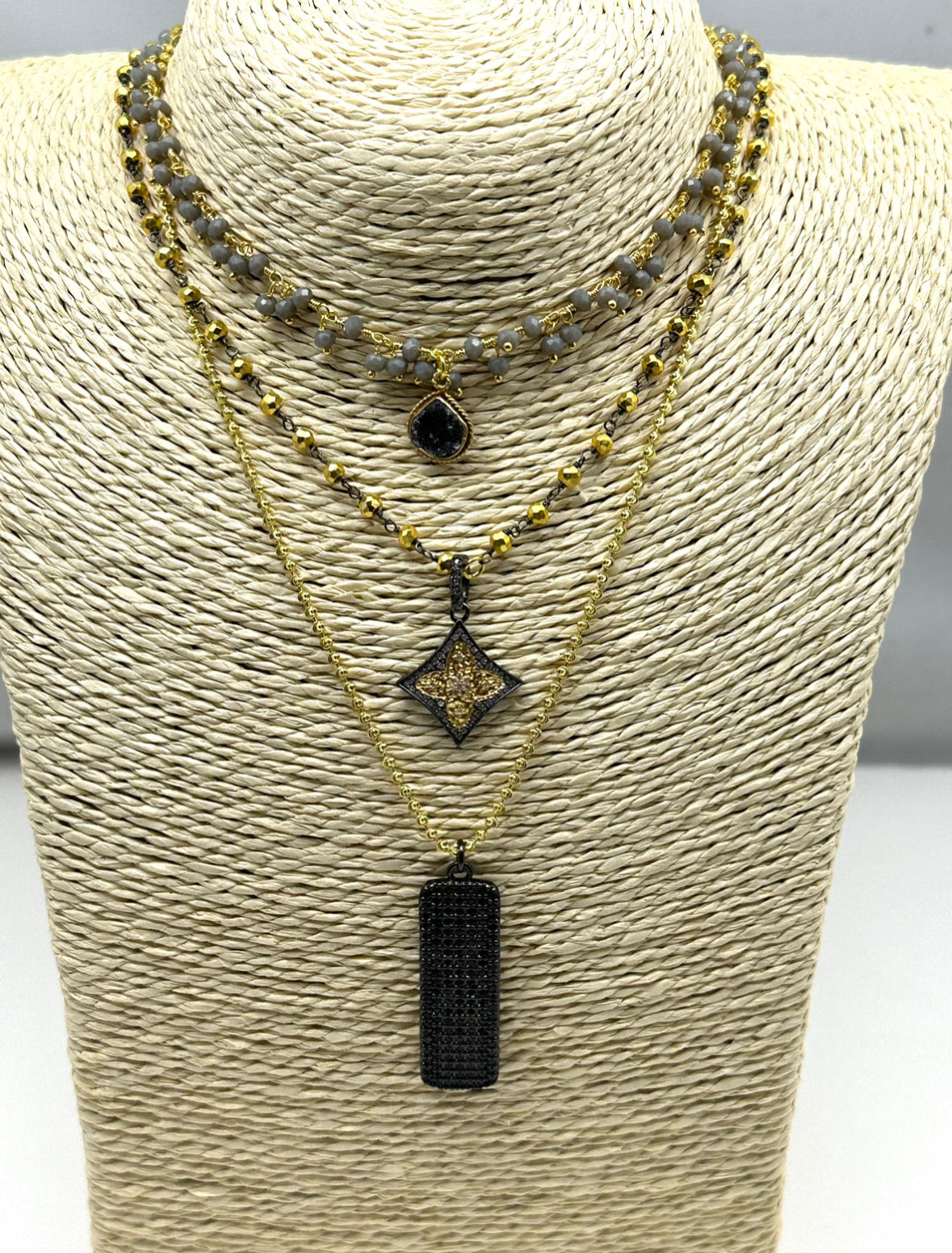 Grey Rosary Bead Chain with Black Geode Gemstone