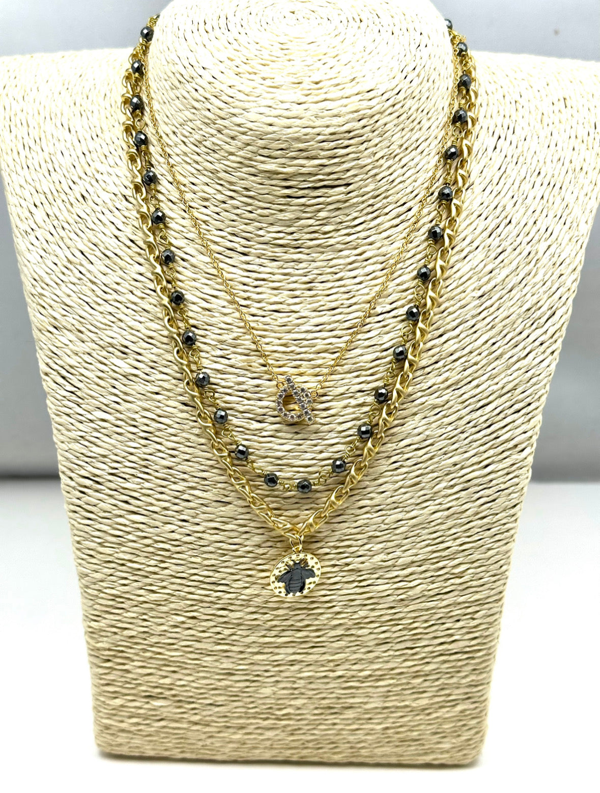 Hematite Rosary Chain Layered with Gold Chain and Bee Coin