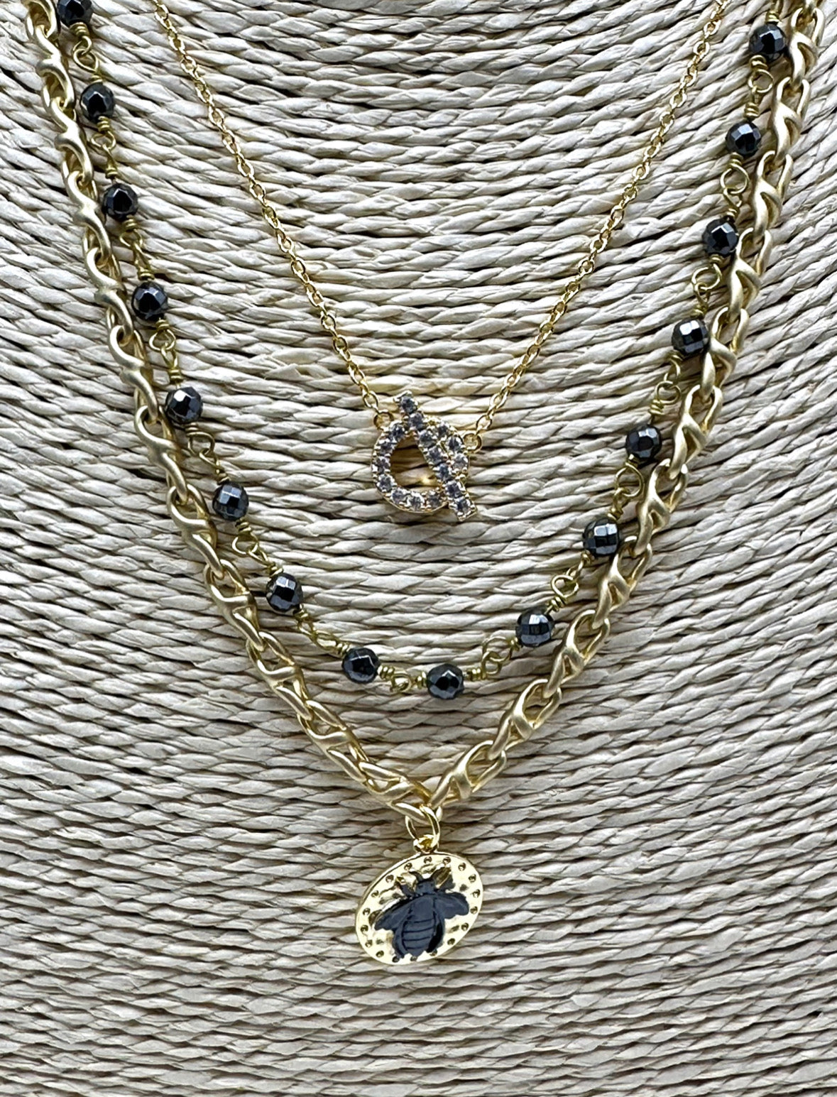 Hematite Rosary Chain Layered with Gold Chain and Bee Coin