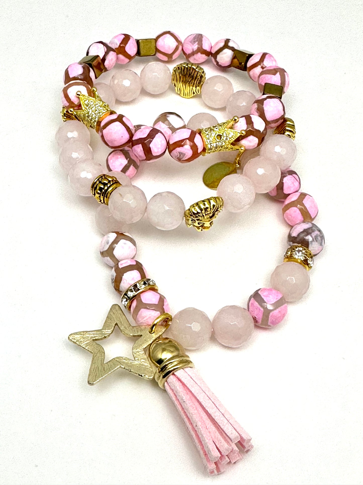 Baby Pink Agate Beaded Bracelet with Lions
