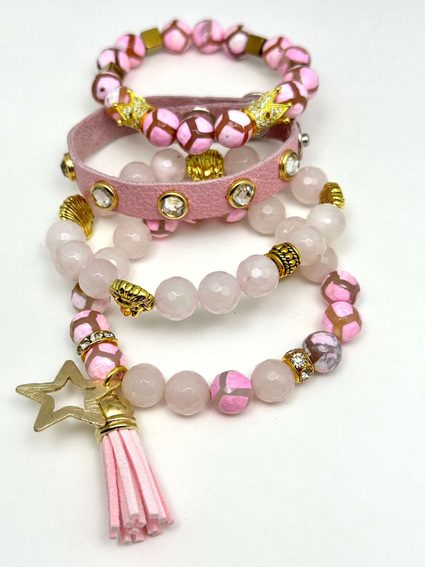 Baby Pink Agate Beaded Bracelet with Lions