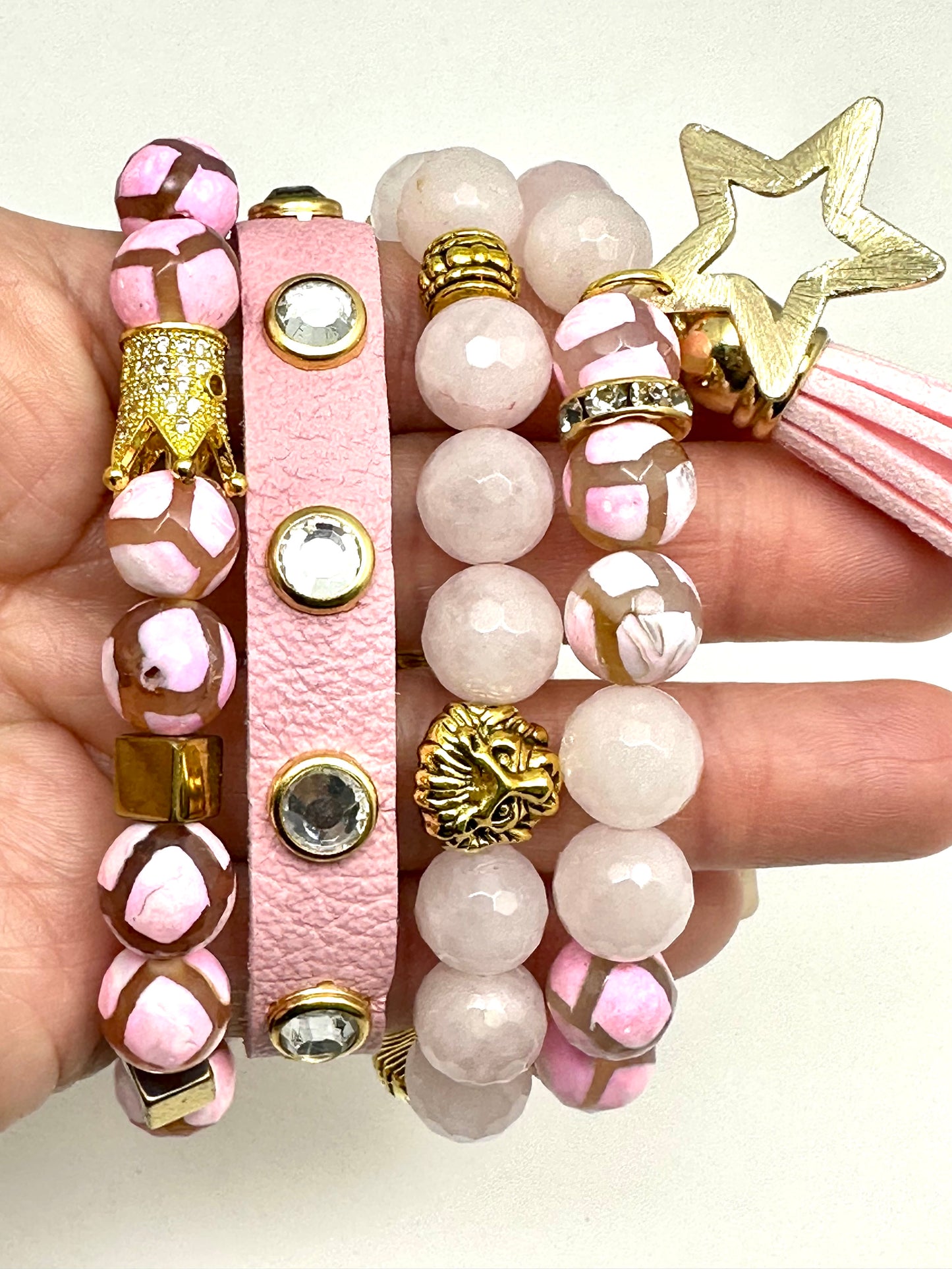 Baby Pink Agate Beaded Bracelet with Lions