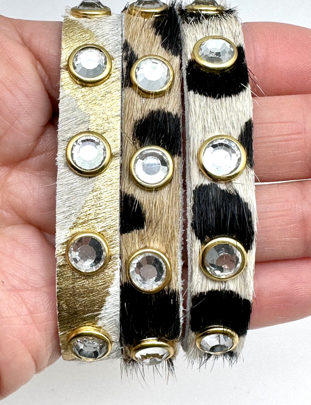 Zebra Cream and Gold 1/2” Snap Rawhide with Zircon Gemstone