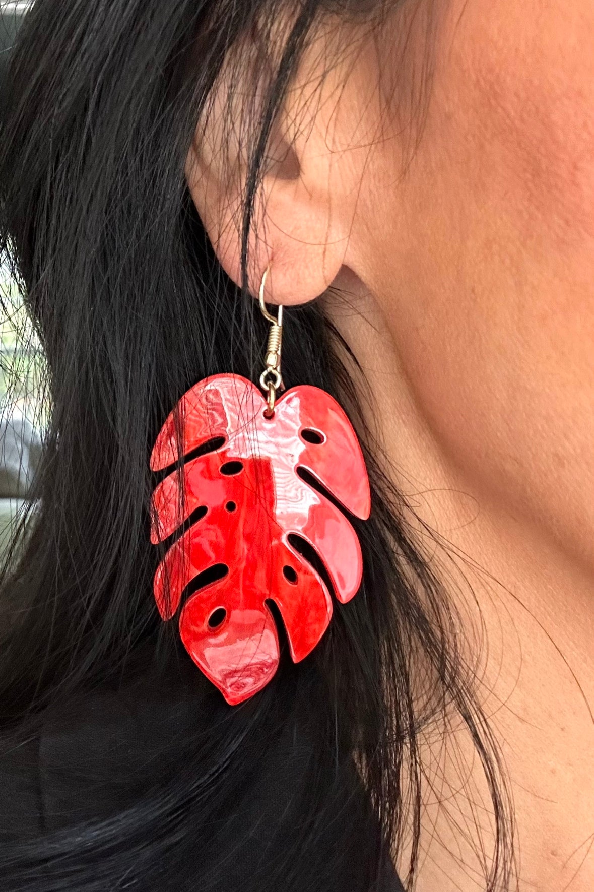 Red Monstera Leaf Resin Acrylic Earring