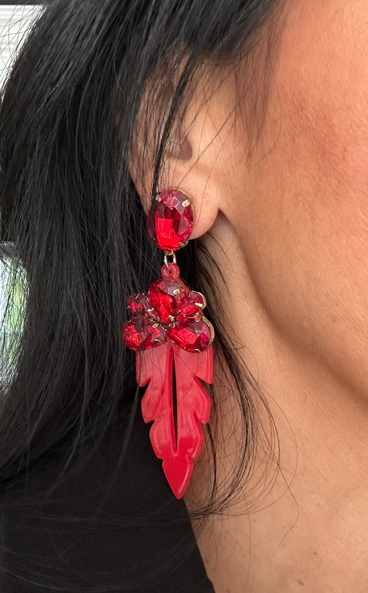 Red Gemstone Drop Resin Leaf Earring