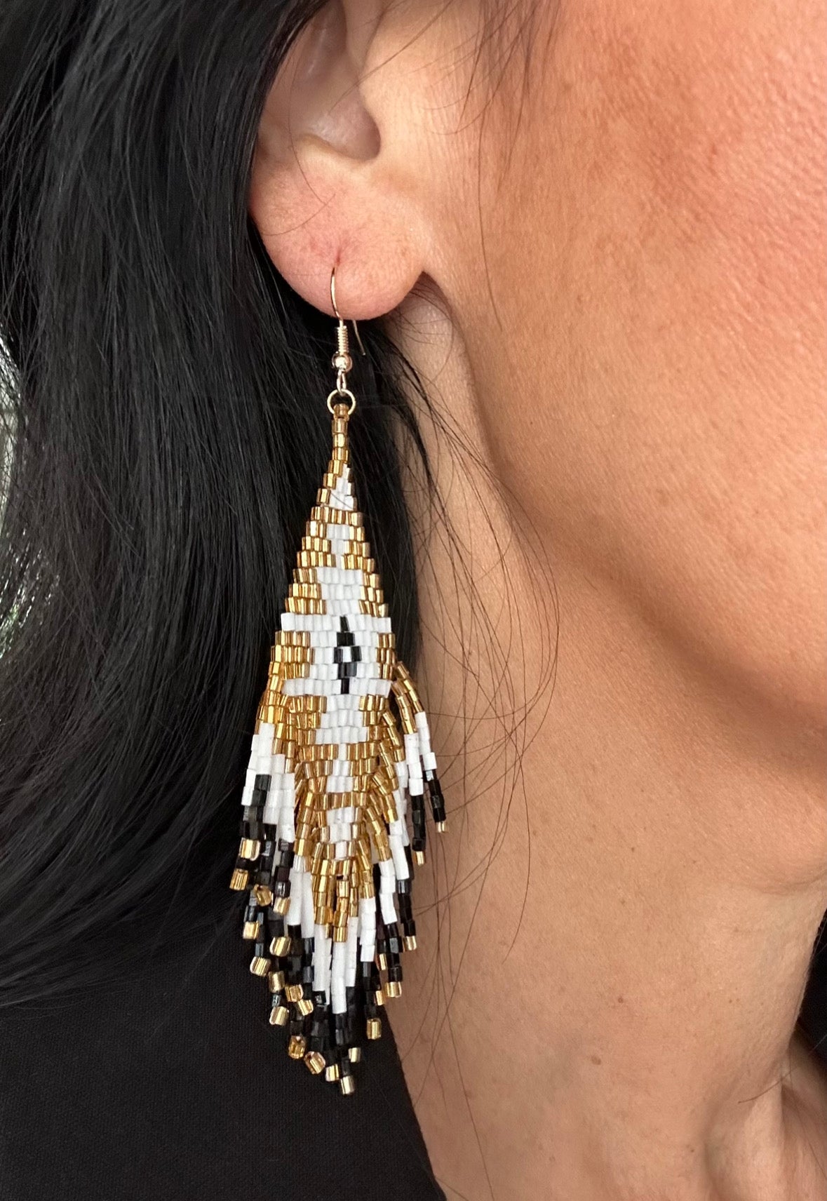 Gold and White With a Hint of Black Beaded Earrings