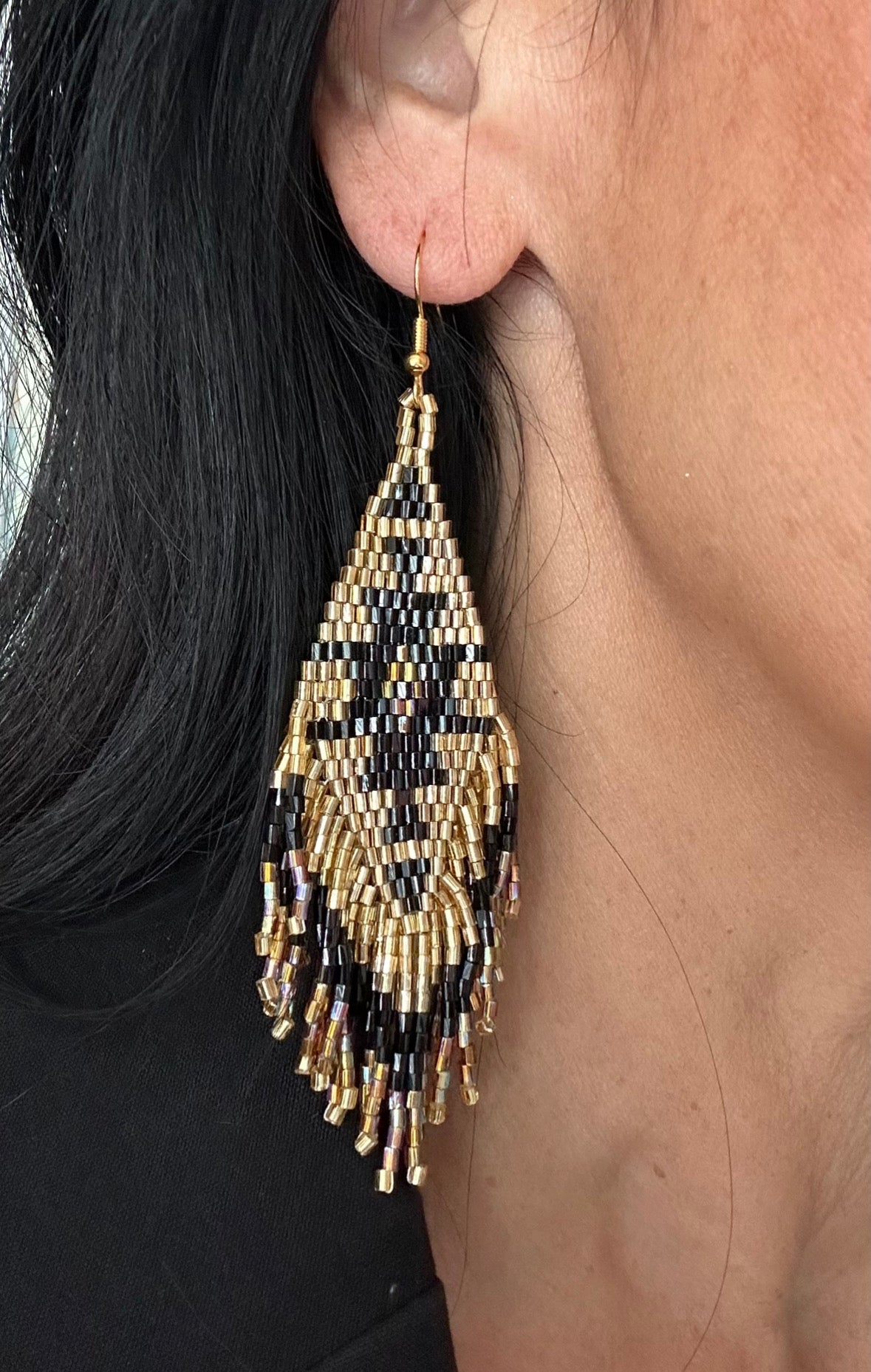 Gold and Black Beaded Earrings