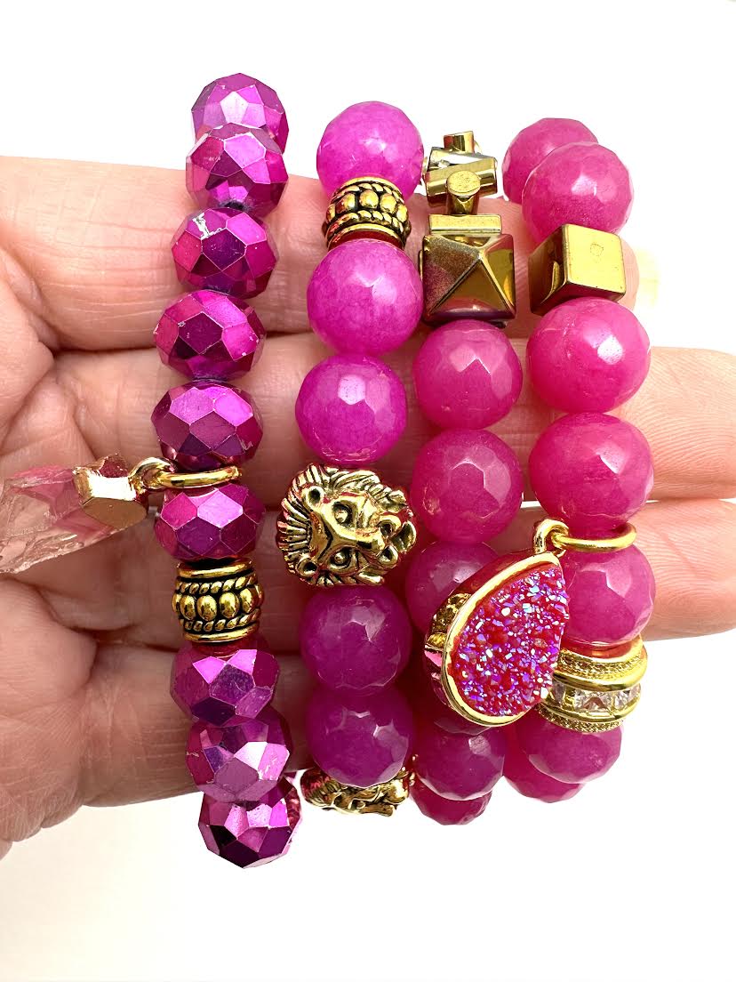 Pink Agate Beaded Bracelet with Brass Finding