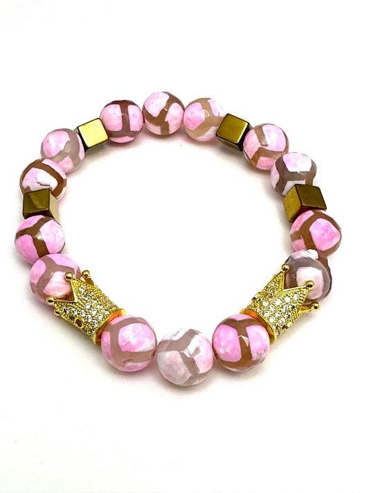 Pink Tibetan Beaded Bracelet with Crowns