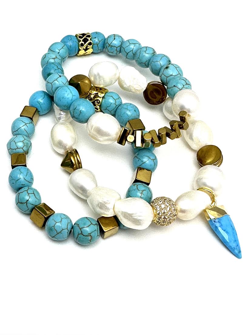 Turquoise Agate Beaded Bracelet with Square Findings