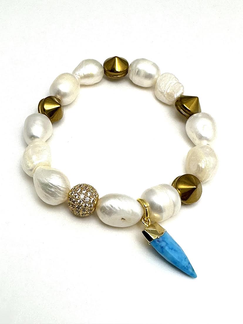 White Simulated Pearl Beaded Bracelet with Brass accents