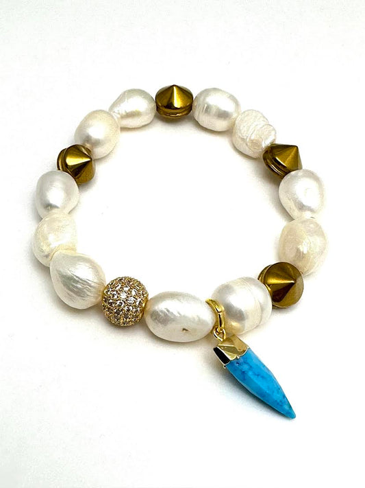 White Simulated Pearl Beaded Bracelet with Brass accents