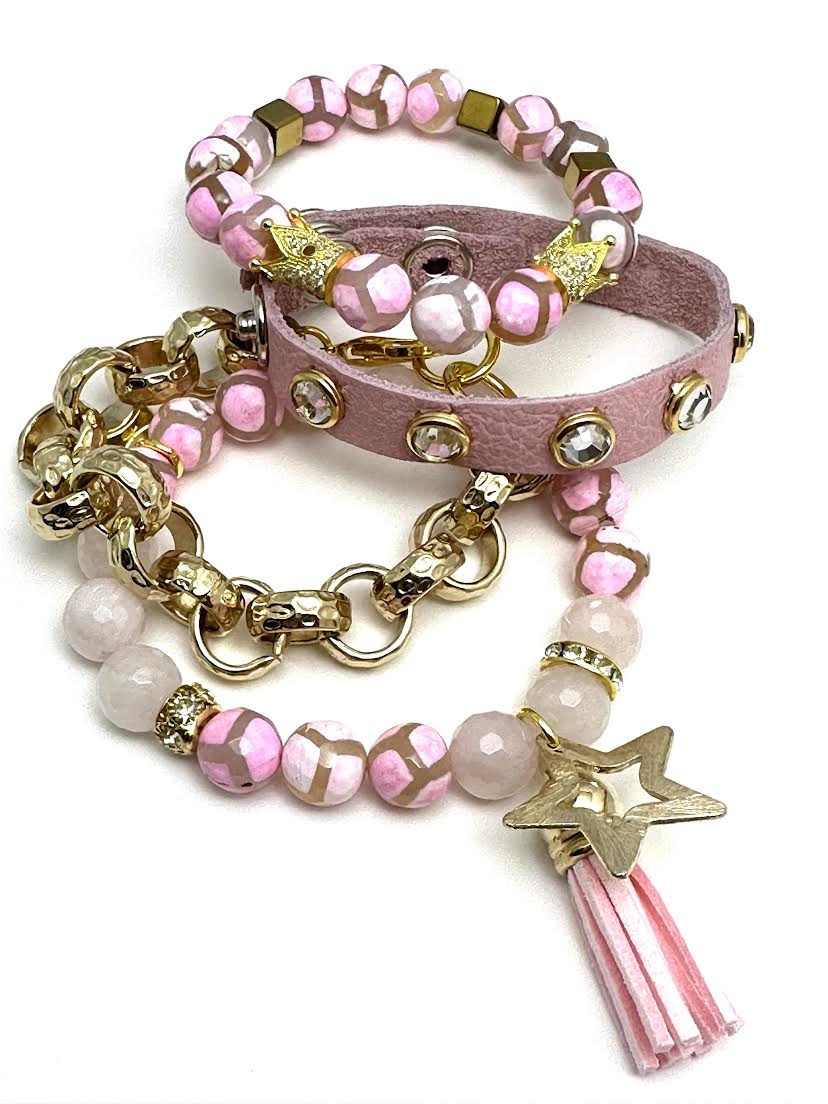 Pink Tibetan Beaded Bracelet with Crowns