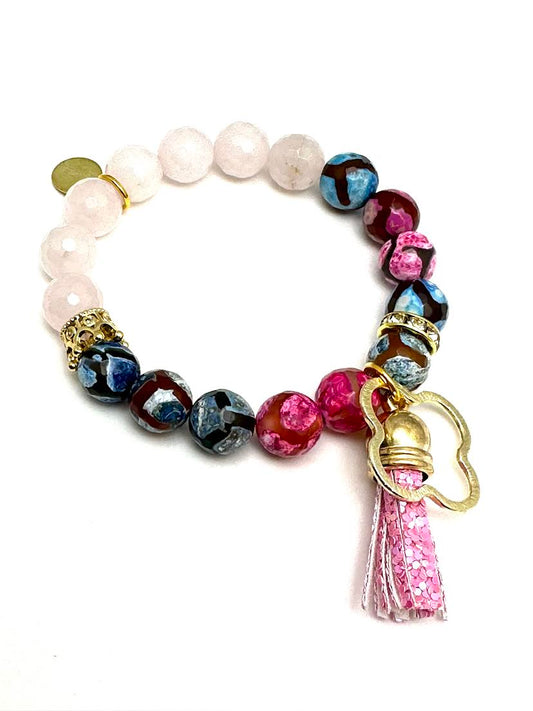 Multi Color Tibetan  and White Agate Beaded Bracelet with Tassel