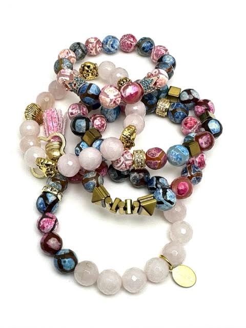 Multi Color Tibetan  and White Agate Beaded Bracelet with Tassel