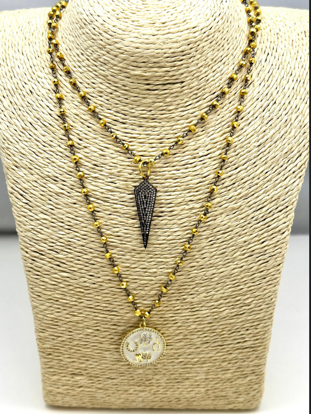 Gold Rosary Chain with Pave’ Gunmetal Dagger