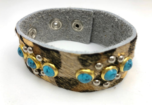 Cheetah  1” Leather Snap Bracelet with Turquoise Accents