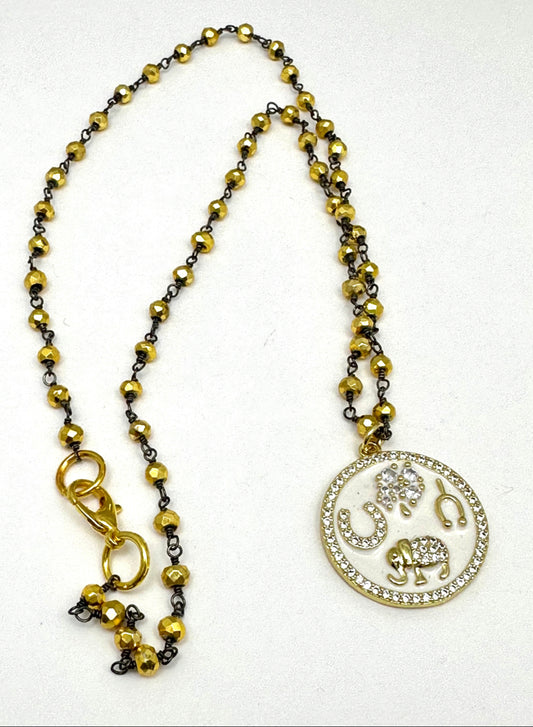 White Enamel Round Medallion Gold Rosary Chain Necklace