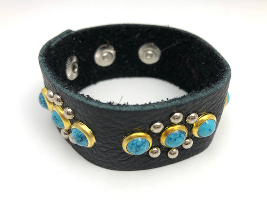 Black 1” Leather Snap Bracelet with Turquoise Accents