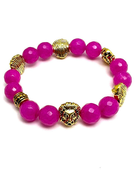 Pink Agate Beaded Bracelet with Lions