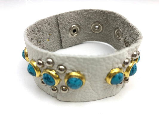 White 1” Leather Snap Bracelet with Turquoise Accents