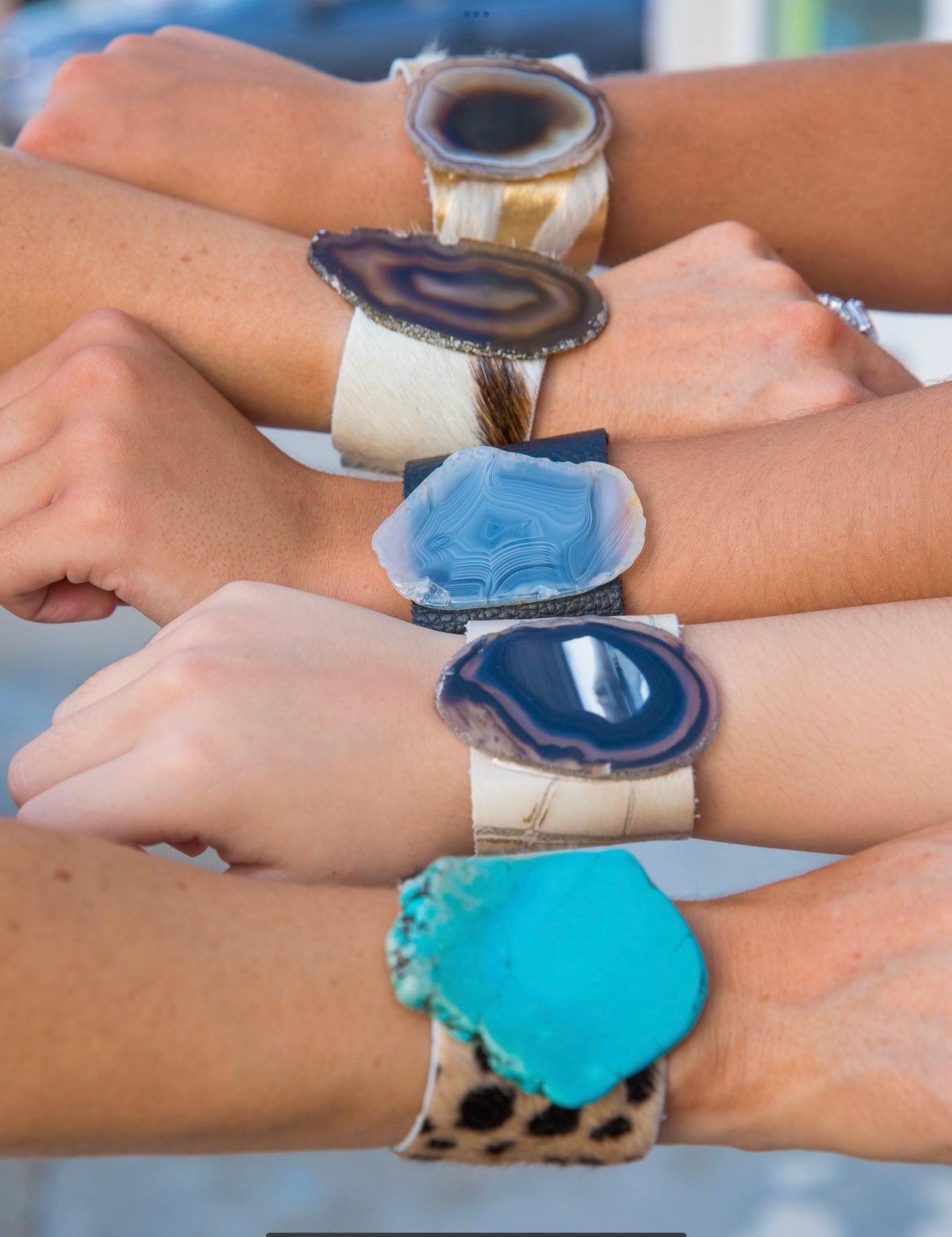 Leather Cuff with Gold Rimmed White Agate