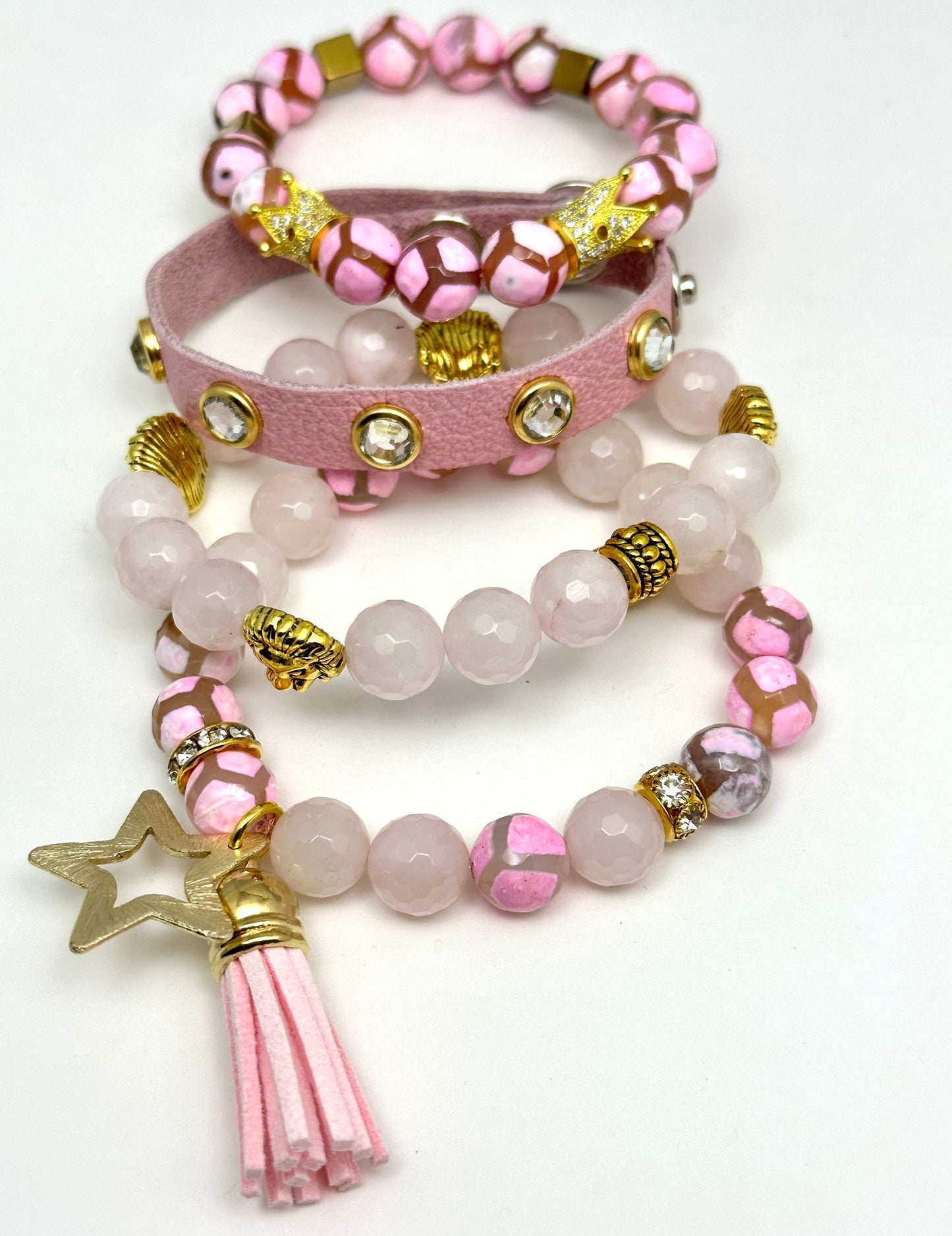 Pink Tibetan Agate Beaded Bracelet with Tassel and Star