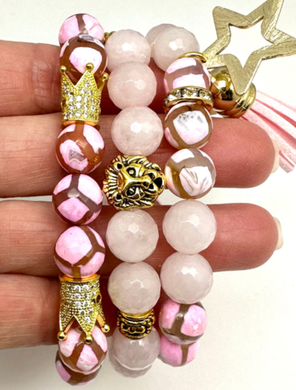 Pink Tibetan Beaded Bracelet with Crowns