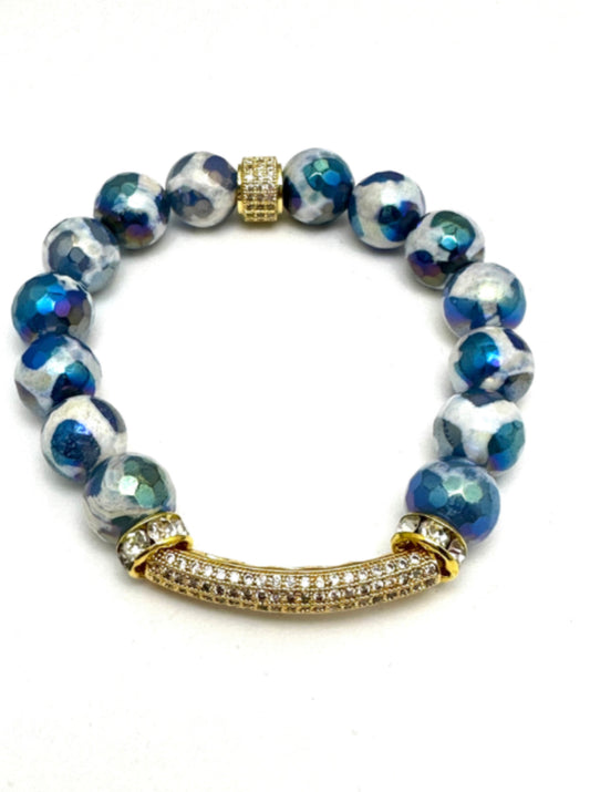 Blue Tibetan Micro-plated Beaded Bracelet with Pave’ Bar