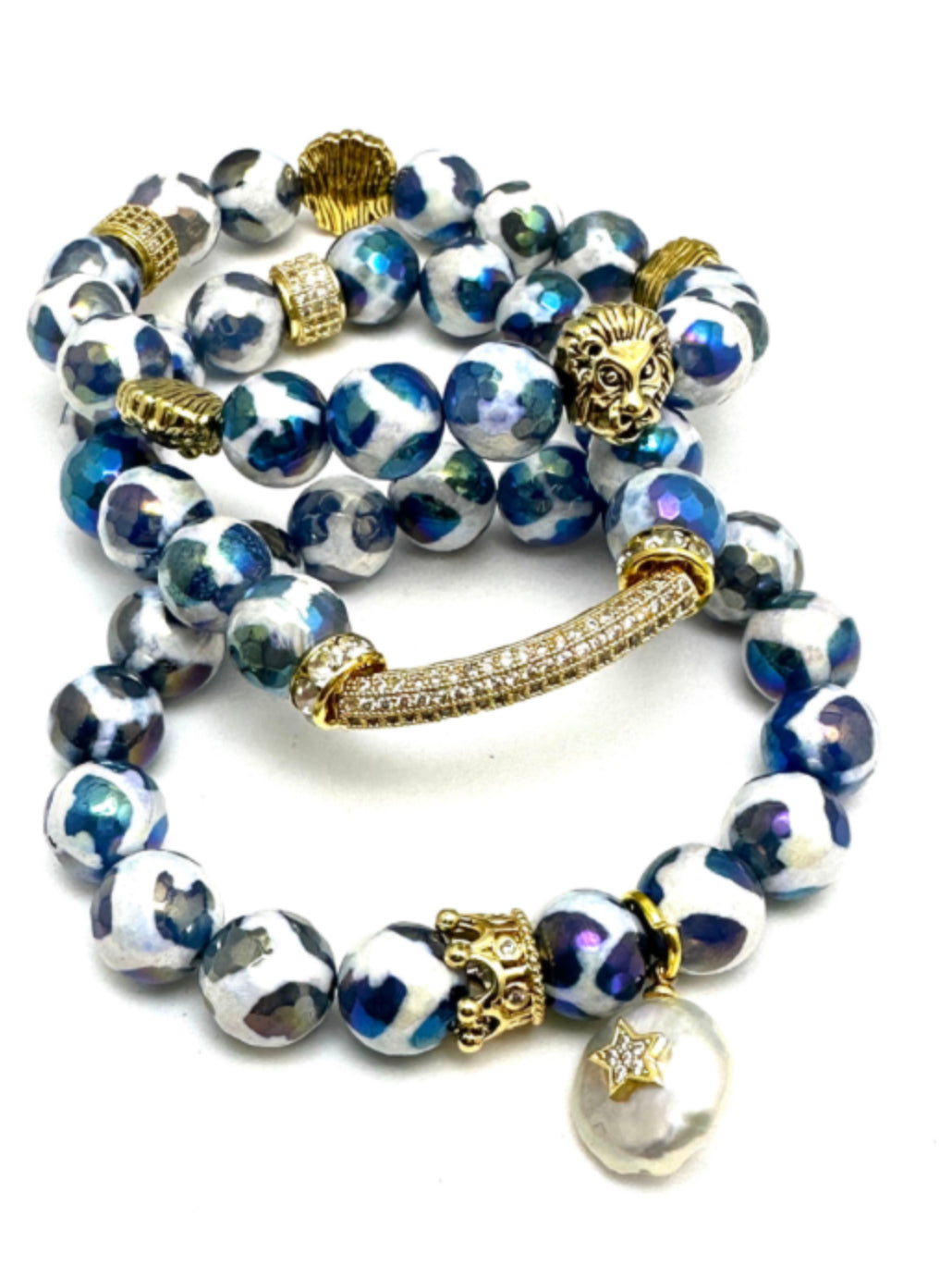 Blue Tibetan Micro-plated Beaded Bracelet with Pave’ Bar