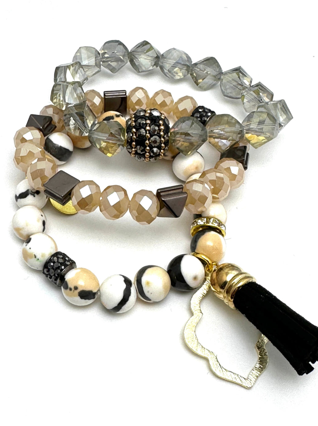 Cream Crystal Beaded Bracelet with Hematite Pyramid