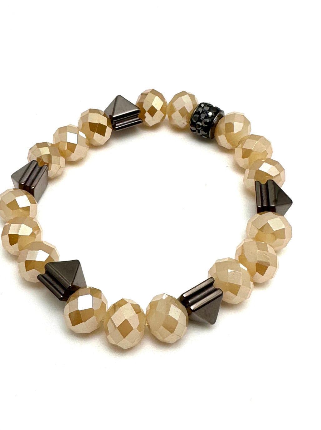 Cream Crystal Beaded Bracelet with Hematite Pyramid