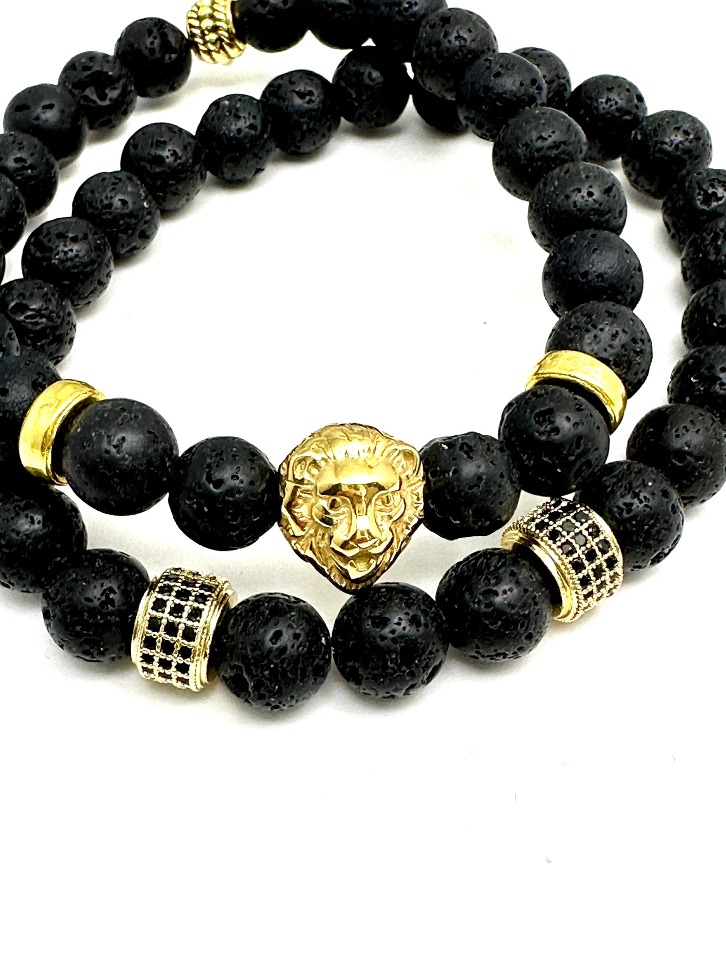 Men’s Black Lava Stone Beaded Bracelet with Lion and Pave’