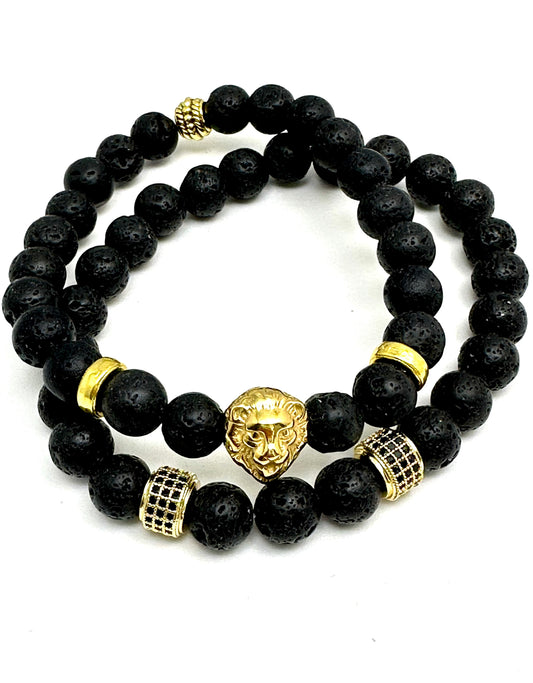 Men’s Black Lava Stone Beaded Bracelet with Lion and Pave’