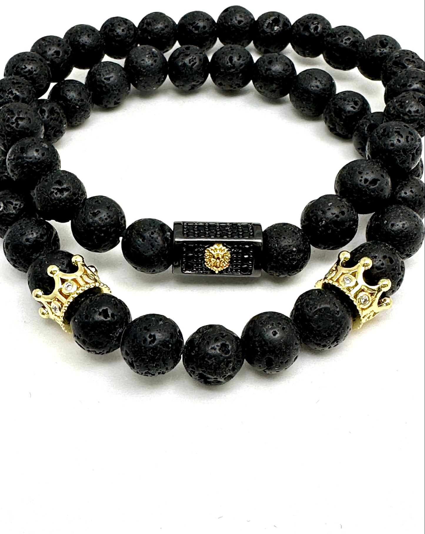 Men’s Black Lava Stone Beaded Bracelet with Lion and Crown