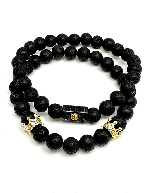 Men’s Black Lava Stone Beaded Bracelet with Lion and Crown