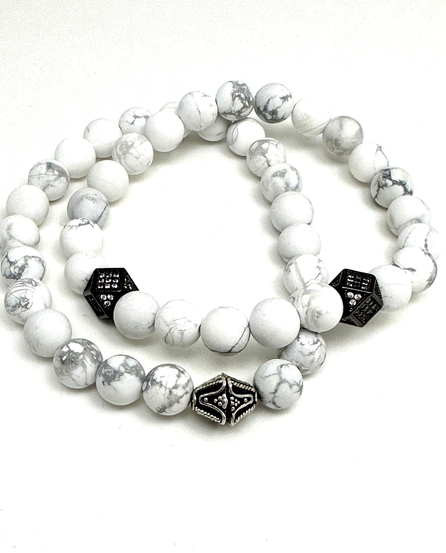 Men’s White Jasper Beaded Bracelet with Gunmetal and Pave’